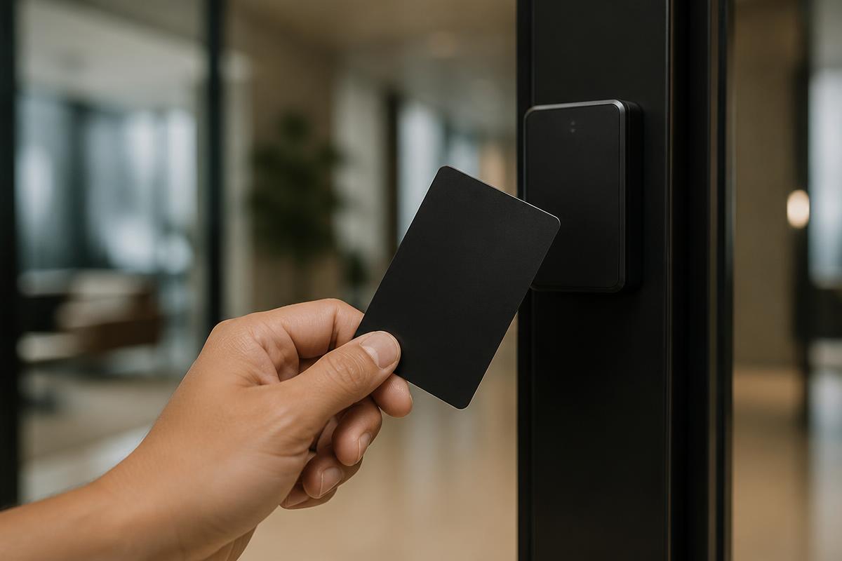 Access badge held in front of an office door reader