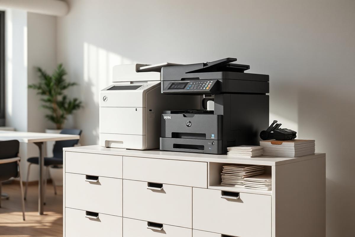 Modern office printing station with professional printer and supplies